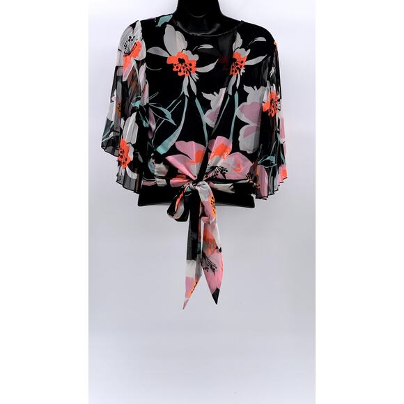 EXPRESS Women's Black Floral Print Sheer Wrap Tie Long Pleated Sleeve Top SZ L - Picture 2 of 12